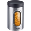 Boîte de rangement en acier inoxydable avec couvercle noir, fenêtre ovale laissant voir des pâtes fusilli jaunes ; logo « Westmark » en bas