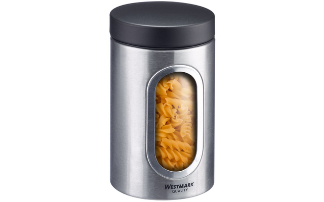 Boîte de rangement en acier inoxydable avec couvercle noir, fenêtre ovale laissant voir des pâtes fusilli jaunes ; logo « Westmark » en bas