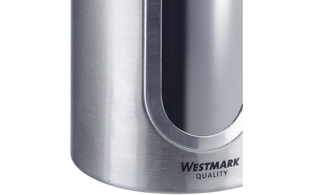 Gros plan d'un objet cylindrique en acier inoxydable avec une fenêtre ovale et l'inscription de la marque WESTMARK QUALITY
