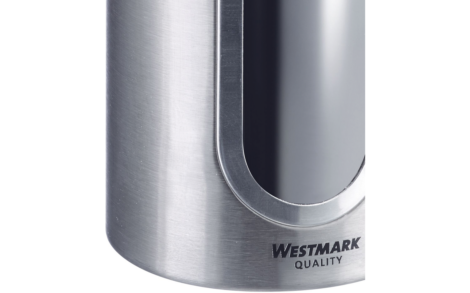 Gros plan d'un objet cylindrique en acier inoxydable avec une fenêtre ovale et l'inscription de la marque WESTMARK QUALITY