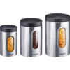 Trois boîtes en acier inoxydable avec couvercles noirs ; la centrale contient des grains de café, les autres des pâtes en spirale ; fenêtres ovales ; logo "Westmark"