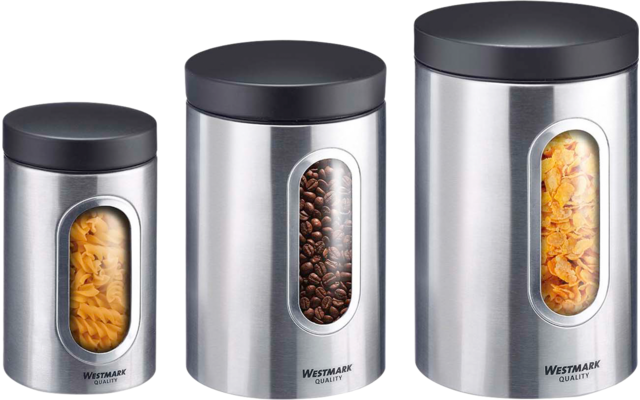 Trois boîtes en acier inoxydable avec couvercles noirs ; la centrale contient des grains de café, les autres des pâtes en spirale ; fenêtres ovales ; logo "Westmark"