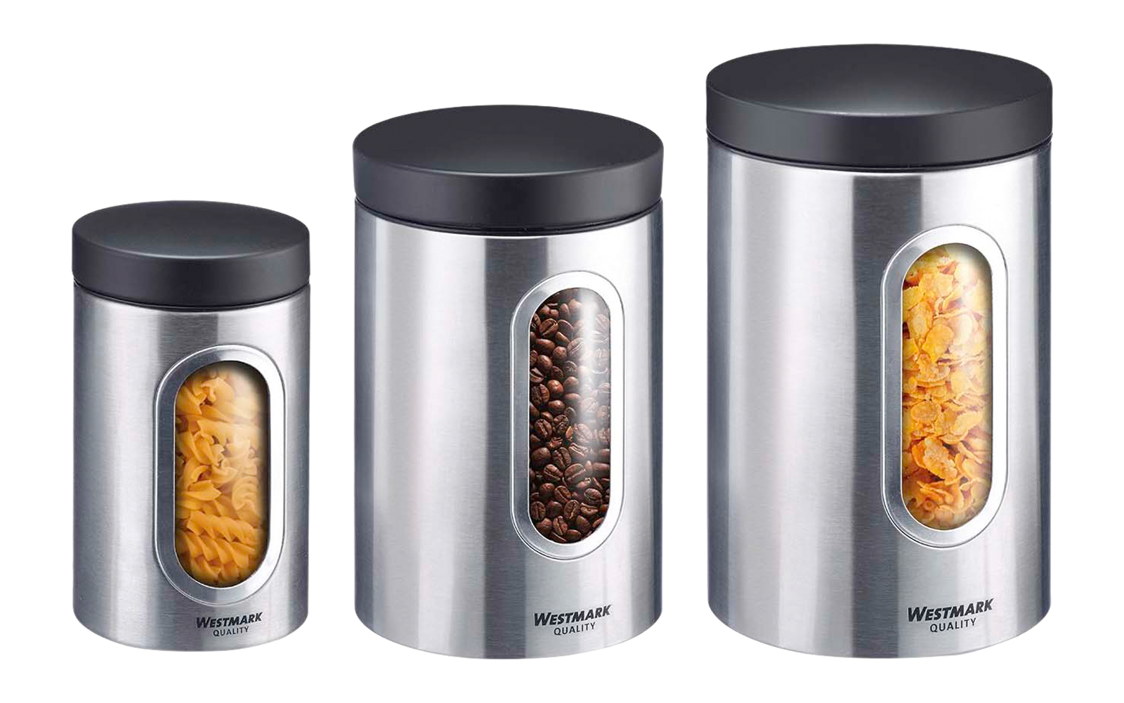 Trois boîtes en acier inoxydable avec couvercles noirs ; la centrale contient des grains de café, les autres des pâtes en spirale ; fenêtres ovales ; logo "Westmark"