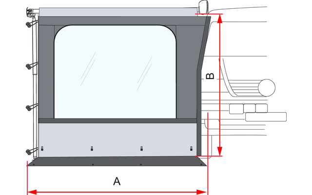 Disegno tecnico di una finestra rettangolare con dimensioni A e B, frecce indicano larghezza e altezza