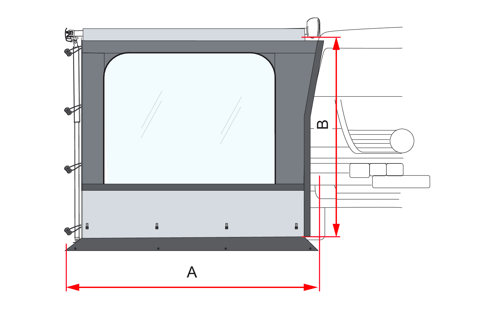 Disegno tecnico di una finestra rettangolare con dimensioni A e B, frecce indicano larghezza e altezza