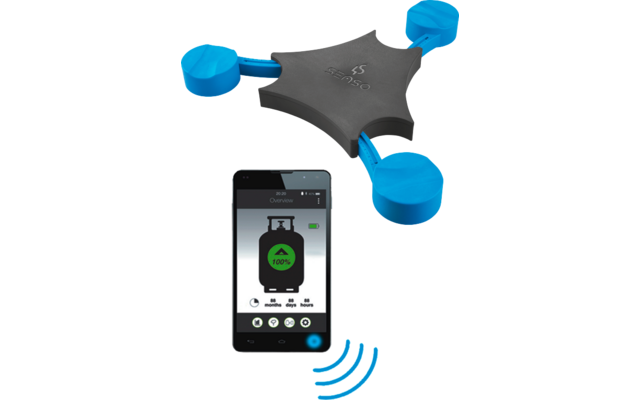 Electronic device with three blue round sensors and black central part, next to a smartphone displaying a gas cylinder and charge status