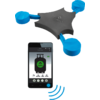 Electronic device with three blue round sensors and black central part, next to a smartphone displaying a gas cylinder and charge status
