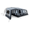 Large gray awning with multiple windows attached to the side of a caravan