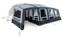 Großes graues Vorzelt mit mehreren Fenstern, an der Seite eines Wohnwagens befestigt