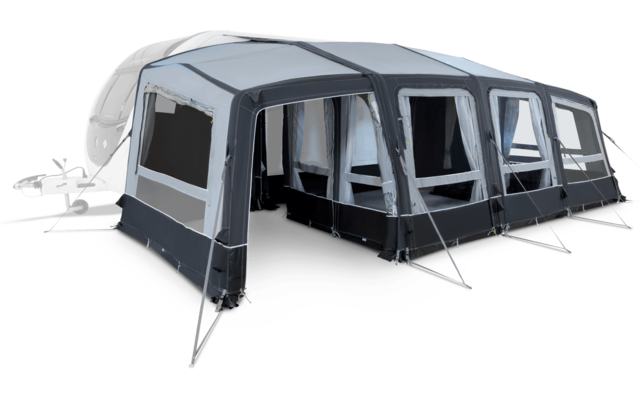 Großes graues Vorzelt mit mehreren Fenstern, an der Seite eines Wohnwagens befestigt