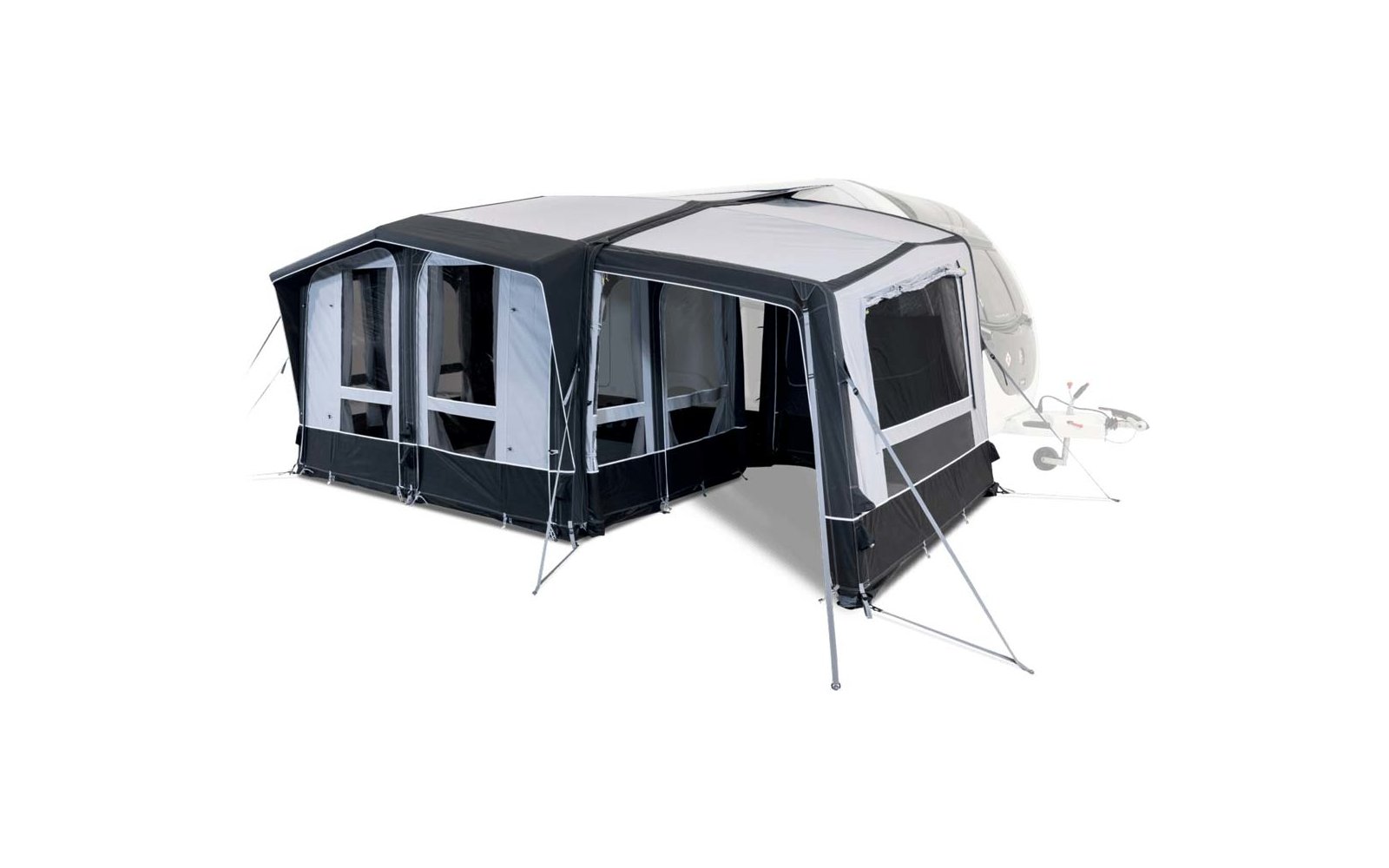 Large inflatable tent with multiple rectangular windows, open entrance, light gray and dark gray fabric, and guy ropes and support poles