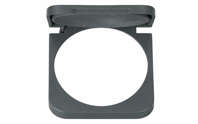 Dark gray square plastic frame with rounded corners and an open hinged lid, large circular cutout in the center on a white background