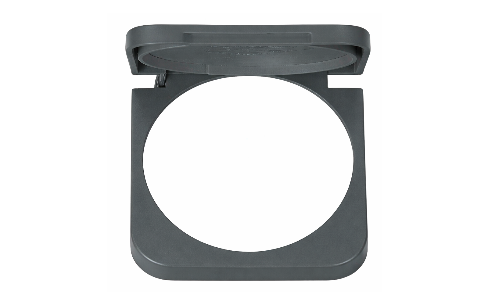 Dark gray square plastic frame with rounded corners and an open hinged lid, large circular cutout in the center on a white background