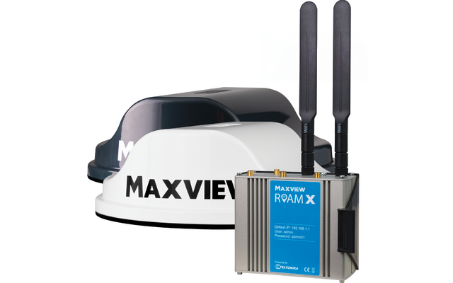 Deux antennes et deux boîtiers blancs avec le texte Maxview