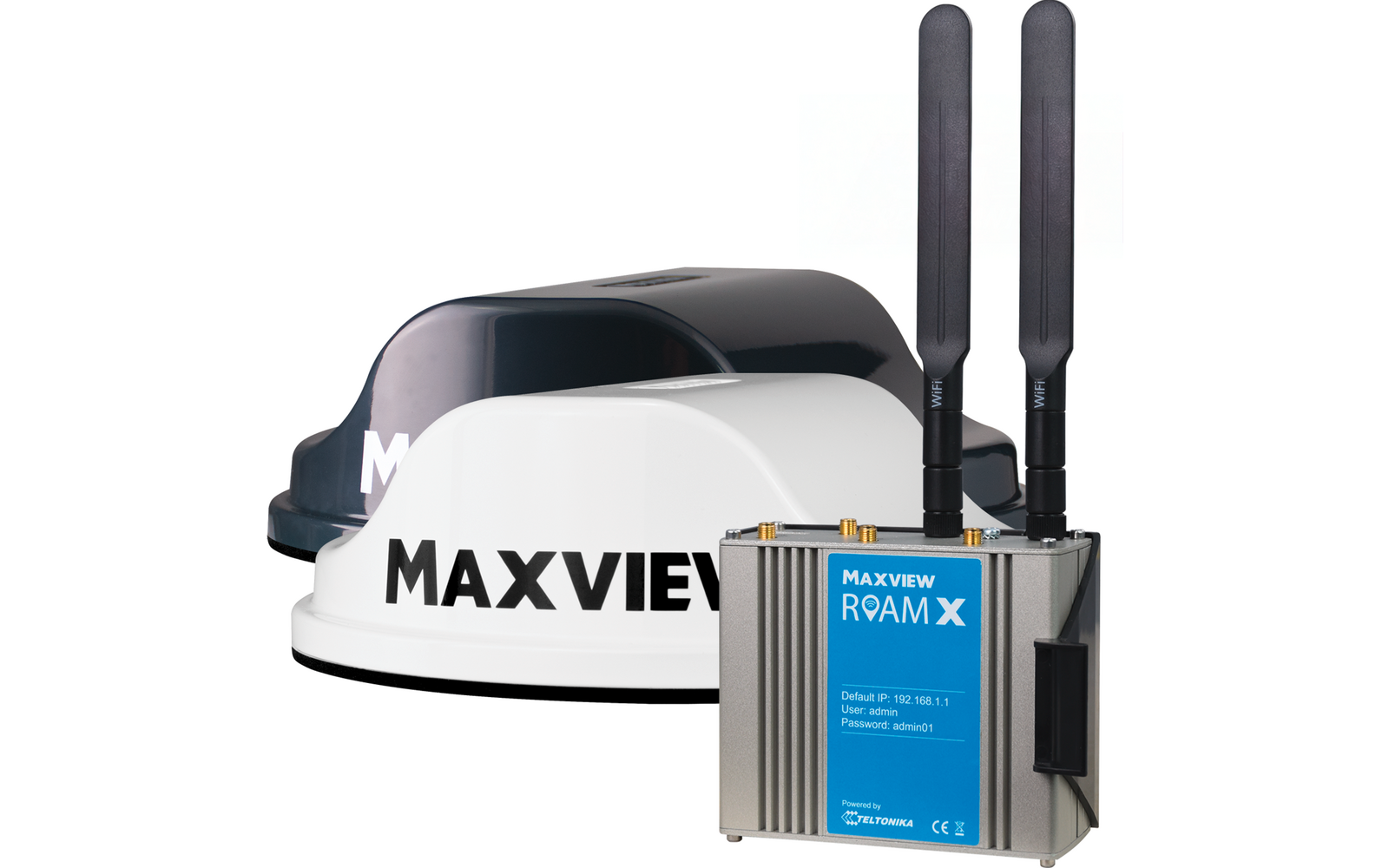Deux antennes et deux boîtiers blancs avec le texte Maxview