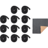 Twelve black round discs, each with a short strap and small clip, arranged in rows on the left; on the right a black square with one corner turned up showing a brown underside