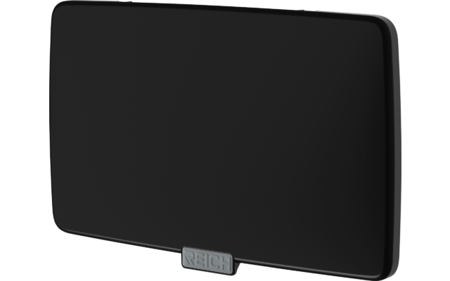 Schwarzes rechteckiges Gehäuse mit abgerundeten Ecken und grauem Steg unten mit der Aufschrift "REICH"