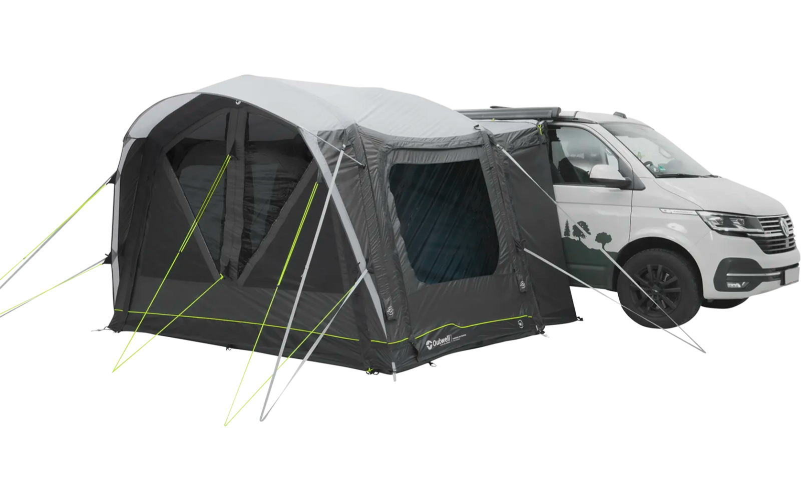 Weißes Auto mit grauem Zelt, das an der Seite des Autos angebracht ist