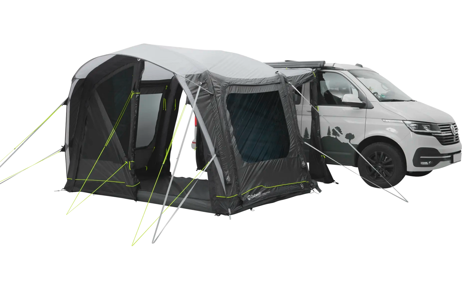 Ein aufblasbares Zelt, das an einen weißen Wohnwagen angebaut ist