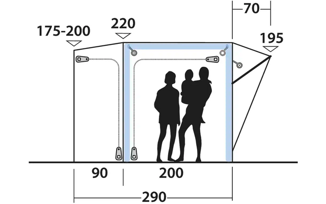 Technische Zeichnung mit Maßen eines Sitzbereichs für drei Personen