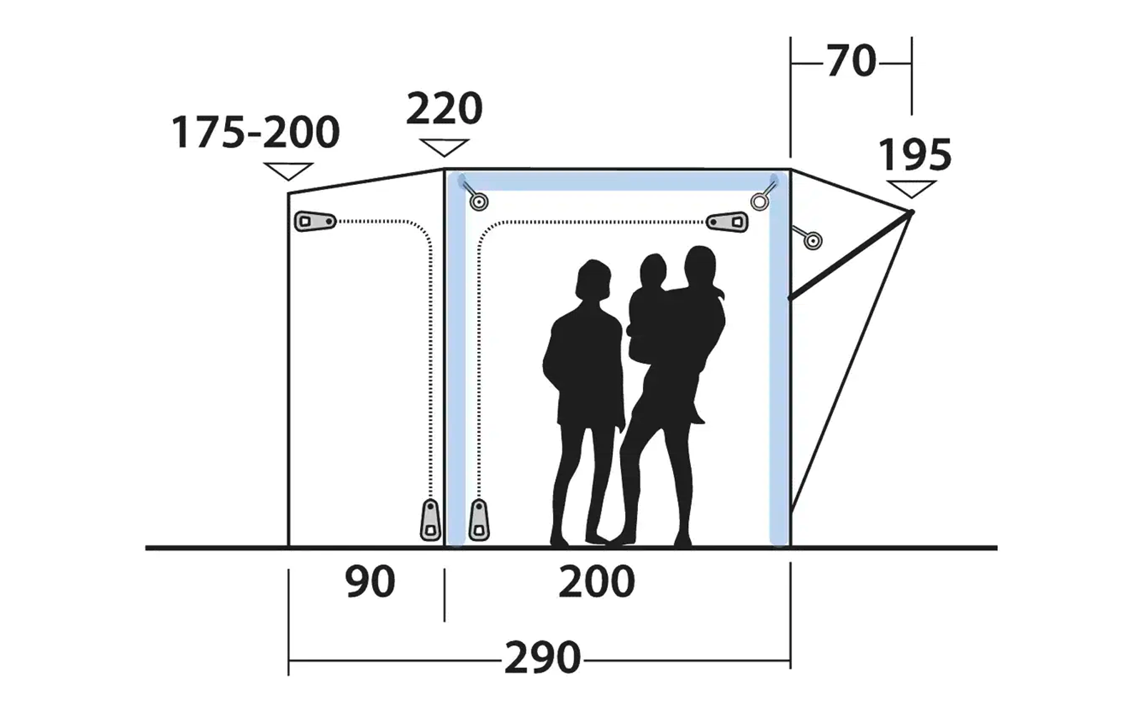 Technische Zeichnung mit Maßen eines Sitzbereichs für drei Personen
