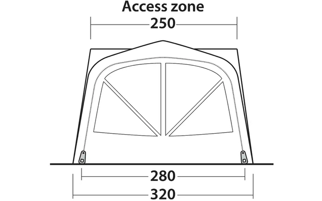 Skizze eines rechteckigen Zeltes mit Maßen in Zentimetern, drei Fenster auf der Vorderseite