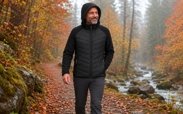A man wearing a black hooded jacket with hands in his pockets walks on a forest path covered with autumn leaves beside a stream