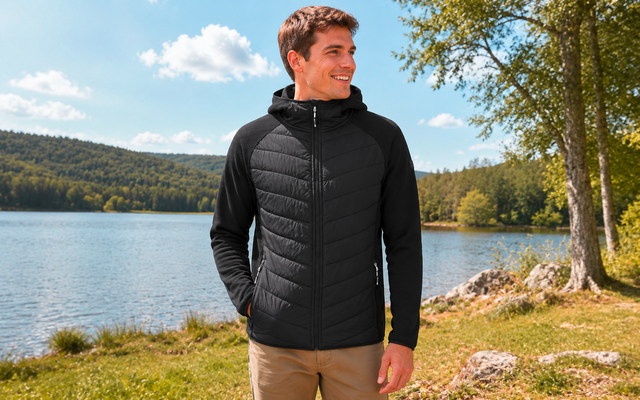 Man standing at a lakeshore wearing a black quilted hooded jacket and beige pants, hands in pockets; trees, hills and a blue sky with clouds in the background