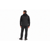 Person seen from behind wearing a black quilted hooded jacket, black pants and black shoes on a white background