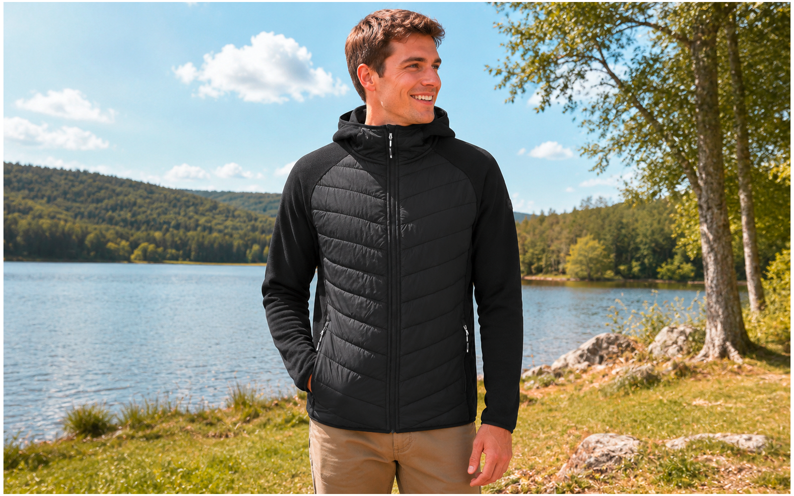Man standing at a lakeshore wearing a black quilted hooded jacket and beige pants, hands in pockets; trees, hills and a blue sky with clouds in the background