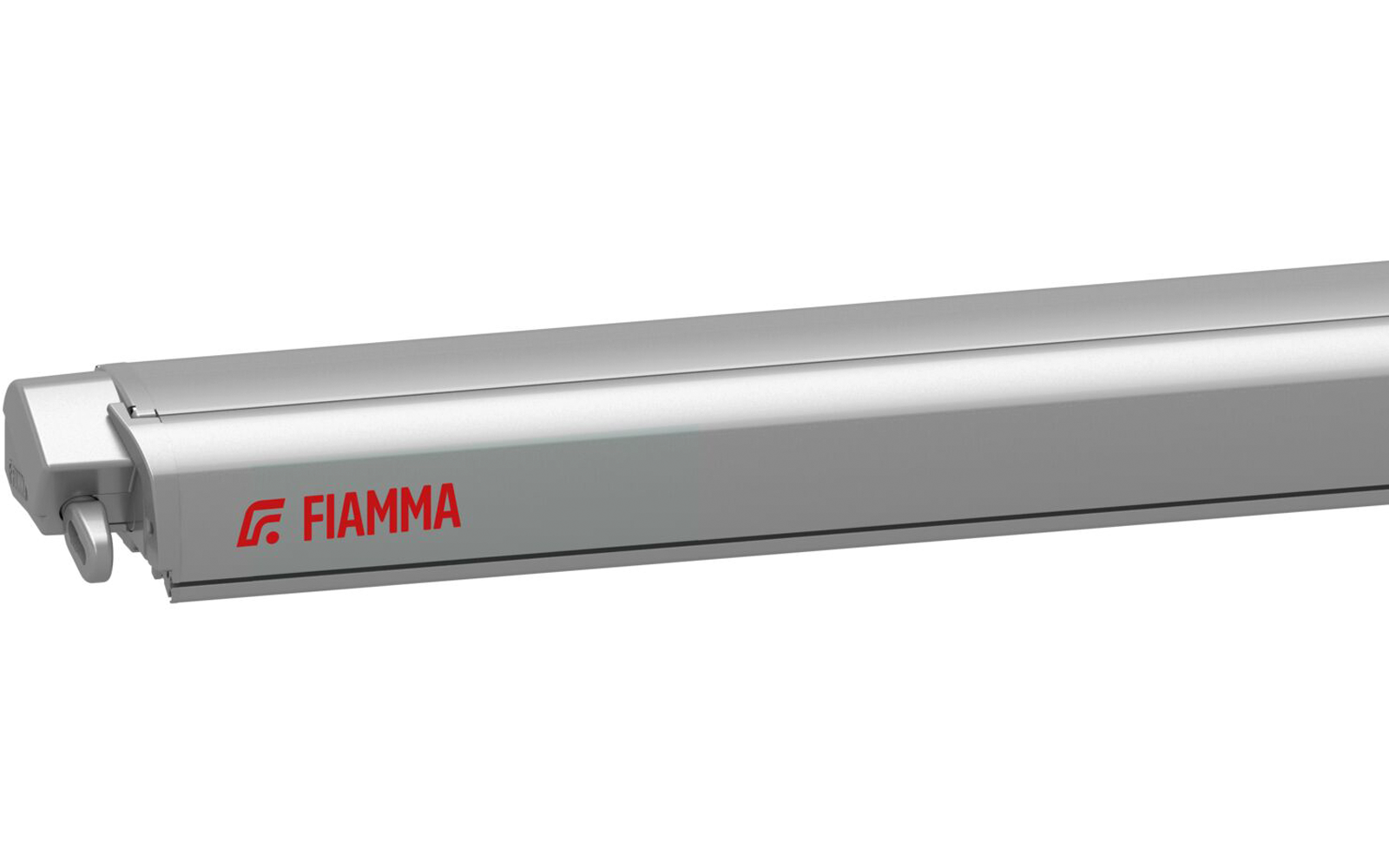 Silberne, längliche Metallstruktur mit rotem Schriftzug "FIAMMA" links und grauem Kunststoff-Endstück mit Halterung