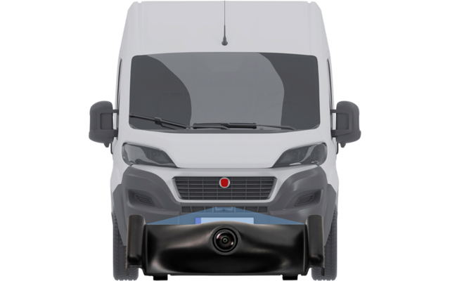 Vorderansicht eines weißen Transporters; schwarze Kameraeinheit vorne unten mit Objektiv, Windschutzscheibe, Scheibenwischer, Außenspiegel, Antenne, Scheinwerfer, Kühlergrill mit rundem roten Emblem und blauer Kennzeichenfläche