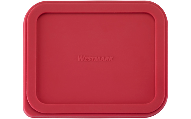 Couvercle rectangulaire rouge aux coins arrondis avec le mot embossé "WESTMARK" au centre