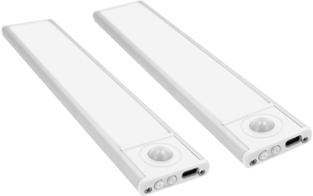 Zwei weiße, schlanke rechteckige Leuchtleisten, jeweils mit einer runden Kuppel nahe einem Ende, zwei kleinen Tasten und einem Anschluss, leicht versetzt auf hellem Hintergrund