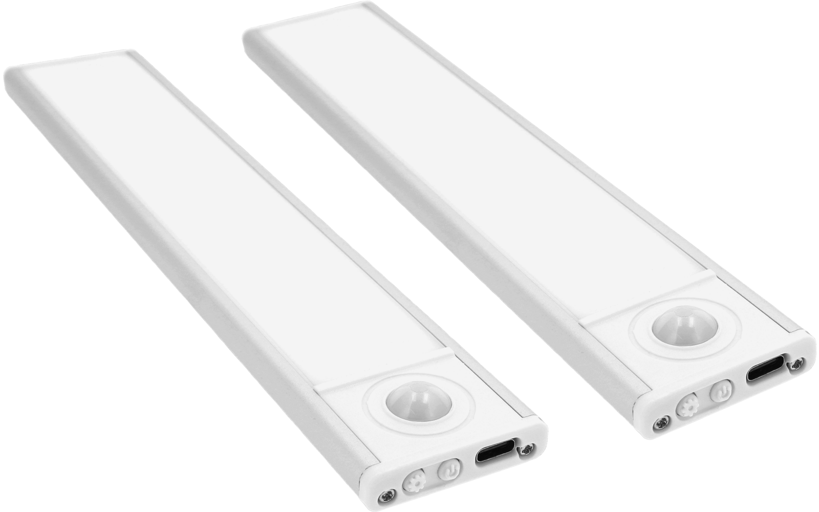 Zwei weiße, schlanke rechteckige Leuchtleisten, jeweils mit einer runden Kuppel nahe einem Ende, zwei kleinen Tasten und einem Anschluss, leicht versetzt auf hellem Hintergrund