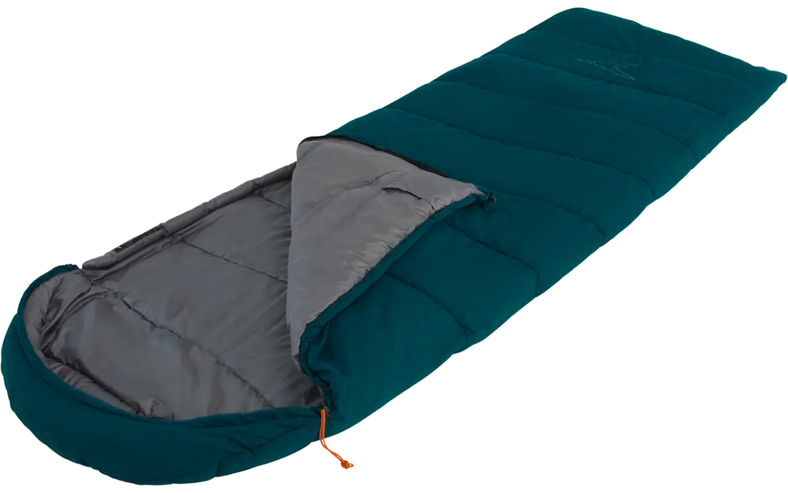 Geöffneter blauer Schlafsack mit grauem Innenfutter auf weißem Hintergrund