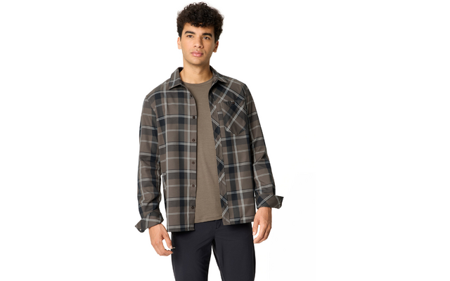 Person mit lockigen dunklen Haaren, offene karierte Hemdjacke über braunem T‑Shirt, dunkle Hose, vor weißem Hintergrund