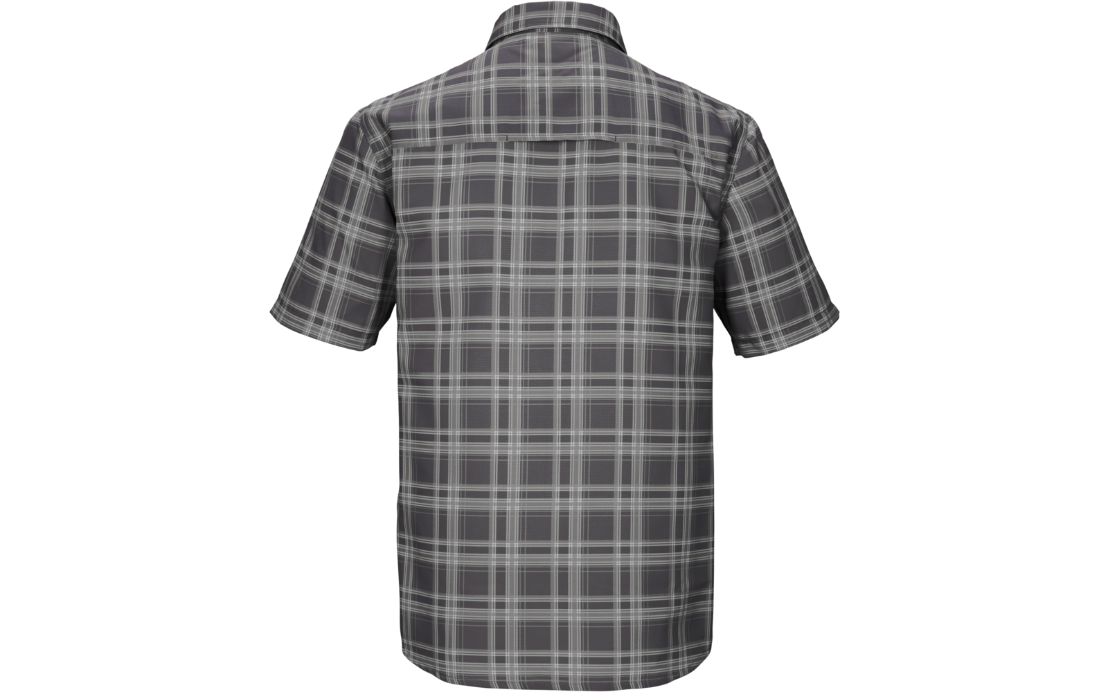 Kurzärmeliges kariertes Hemd, Rückansicht, graue und weiße Karos, Kragen, horizontale Naht über den Schultern, abgerundeter Saum