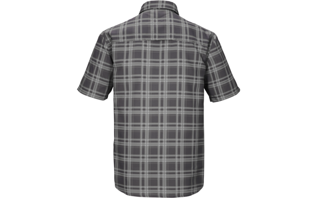 Kurzärmeliges kariertes Hemd, Rückansicht, graue und weiße Karos, Kragen, horizontale Naht über den Schultern, abgerundeter Saum