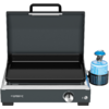 Portable device with open lid, black rectangular griddle plate, gray-silver body, black lid handle, front control knob, and a blue gas canister in a holder on the right