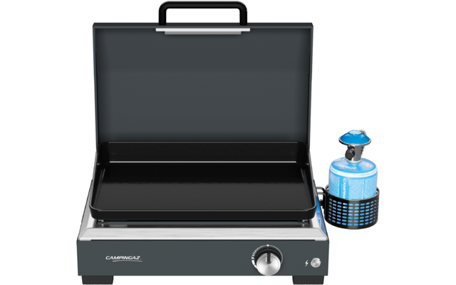 Portable device with open lid, black rectangular griddle plate, gray-silver body, black lid handle, front control knob, and a blue gas canister in a holder on the right