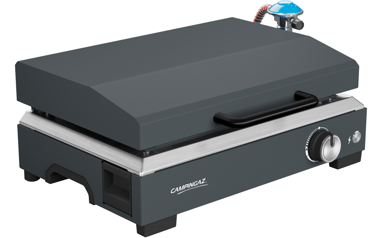 Gray rectangular grill appliance with closed lid, black front handle, control knob on the right, "CAMPINGAZ" logo on the front and blue gas connector at the rear right