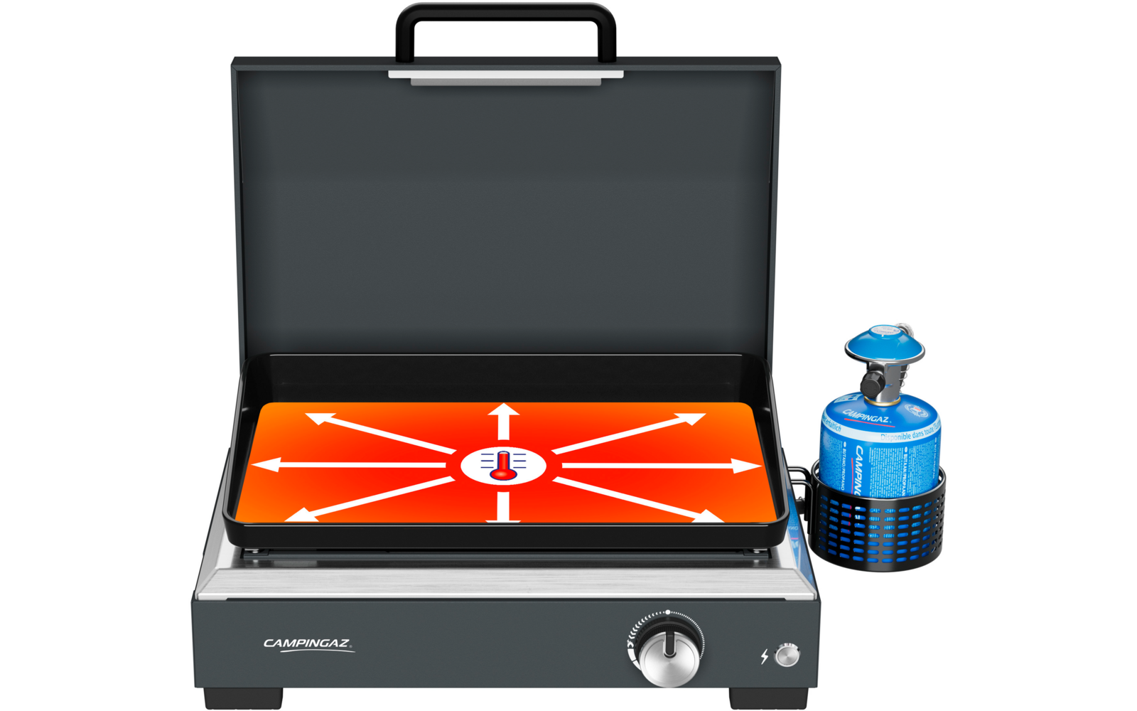 Open gray metal case with hinged lid and black grill plate, orange insert with a central white thermometer symbol and white arrows pointing outward, silver control knob at front, blue gas canister at right