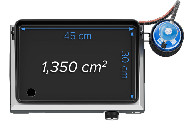 Rectangular black surface with blue measurement arrows labeled '45 cm' (top) and '30 cm' (right), central text '1,350 cm²', small round hole at bottom left, round blue device with cable attached at top right