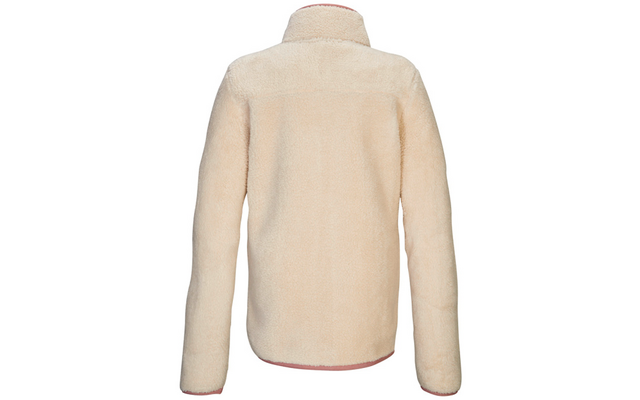 Rückenansicht einer hellen, langärmeligen Fleecejacke