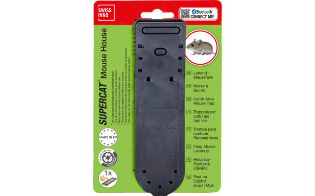 Dispositivo de plástico negro con relieve "SuperCat" en embalaje de cartón verde; foto circular de un ratón a la derecha; arriba a la izquierda cuadrado rojo "SWISS INNO"; arriba a la derecha etiqueta "Bluetooth CONNECT ME!"; texto multilingüe a la izquierda