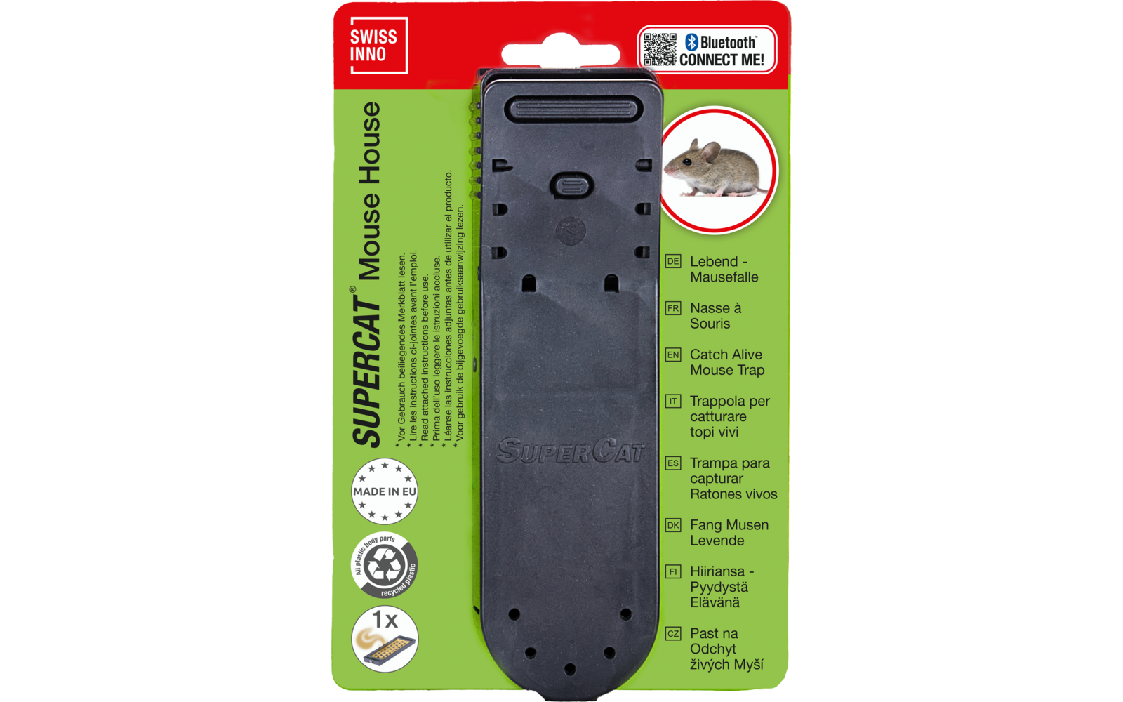Dispositivo de plástico negro con relieve "SuperCat" en embalaje de cartón verde; foto circular de un ratón a la derecha; arriba a la izquierda cuadrado rojo "SWISS INNO"; arriba a la derecha etiqueta "Bluetooth CONNECT ME!"; texto multilingüe a la izquierda
