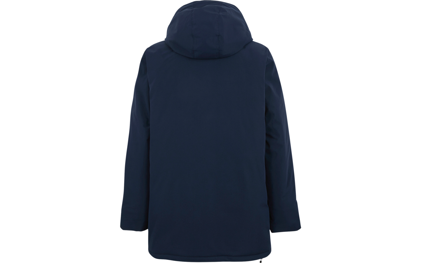 Dunkelblaue Winterjacke mit Kapuze von hinten