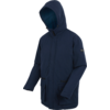 Dunkelblaue Kapuzenjacke von der Seite, Kapuze hochgezogen