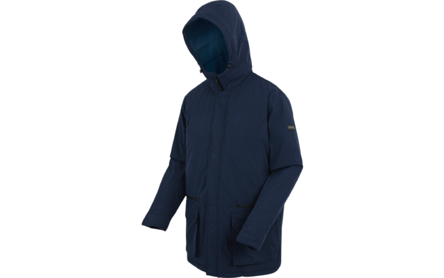 Dunkelblaue Kapuzenjacke von der Seite, Kapuze hochgezogen
